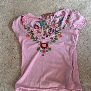 Johnny Was Pink Floral Embroidered Tee